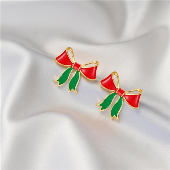 Christmas Bow Earrings | Red & Green Gold Plated Studs | Festive Holiday Jewelry - Picture 2 of 5